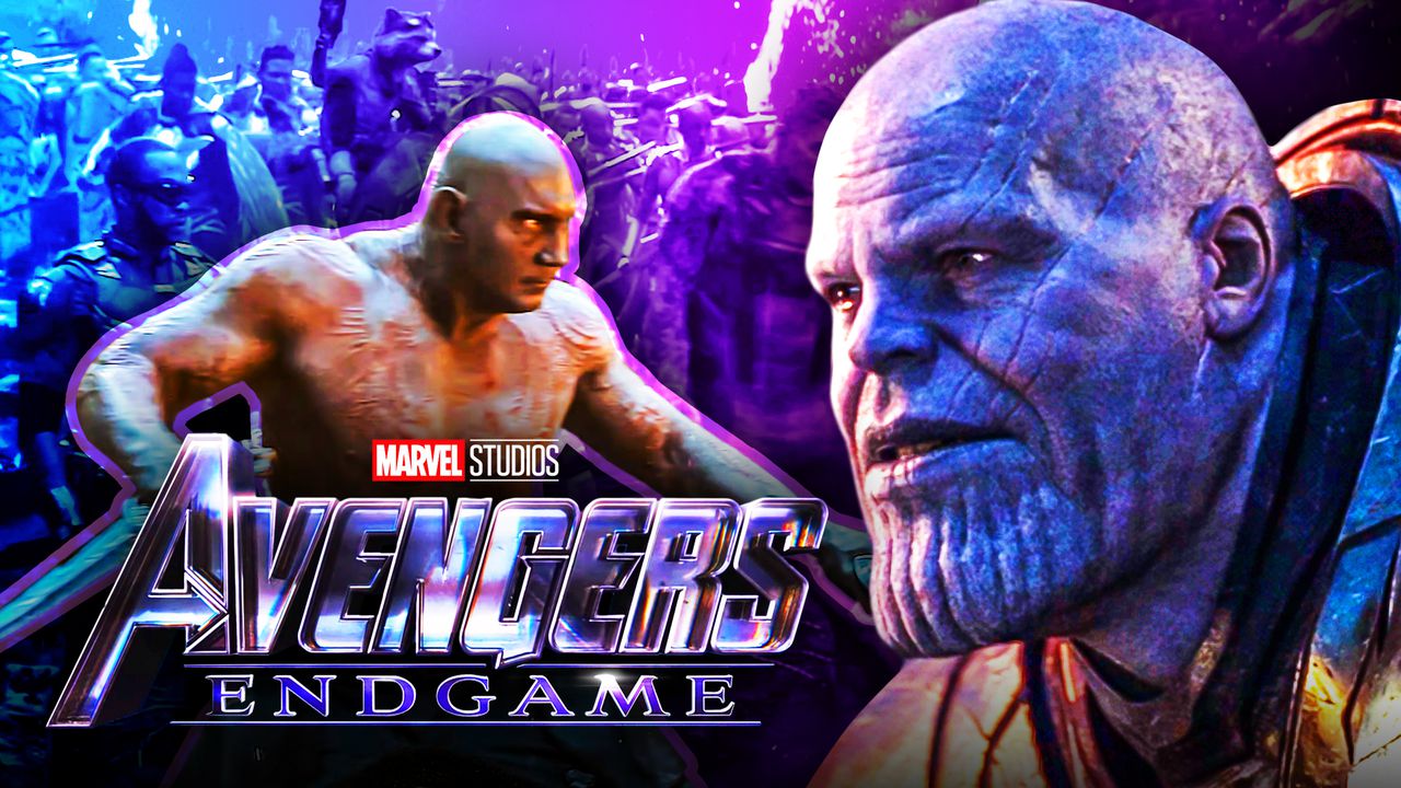 Dave Bautista as Drax, Josh Brolin as Thanos, Avengers: Endgame logo