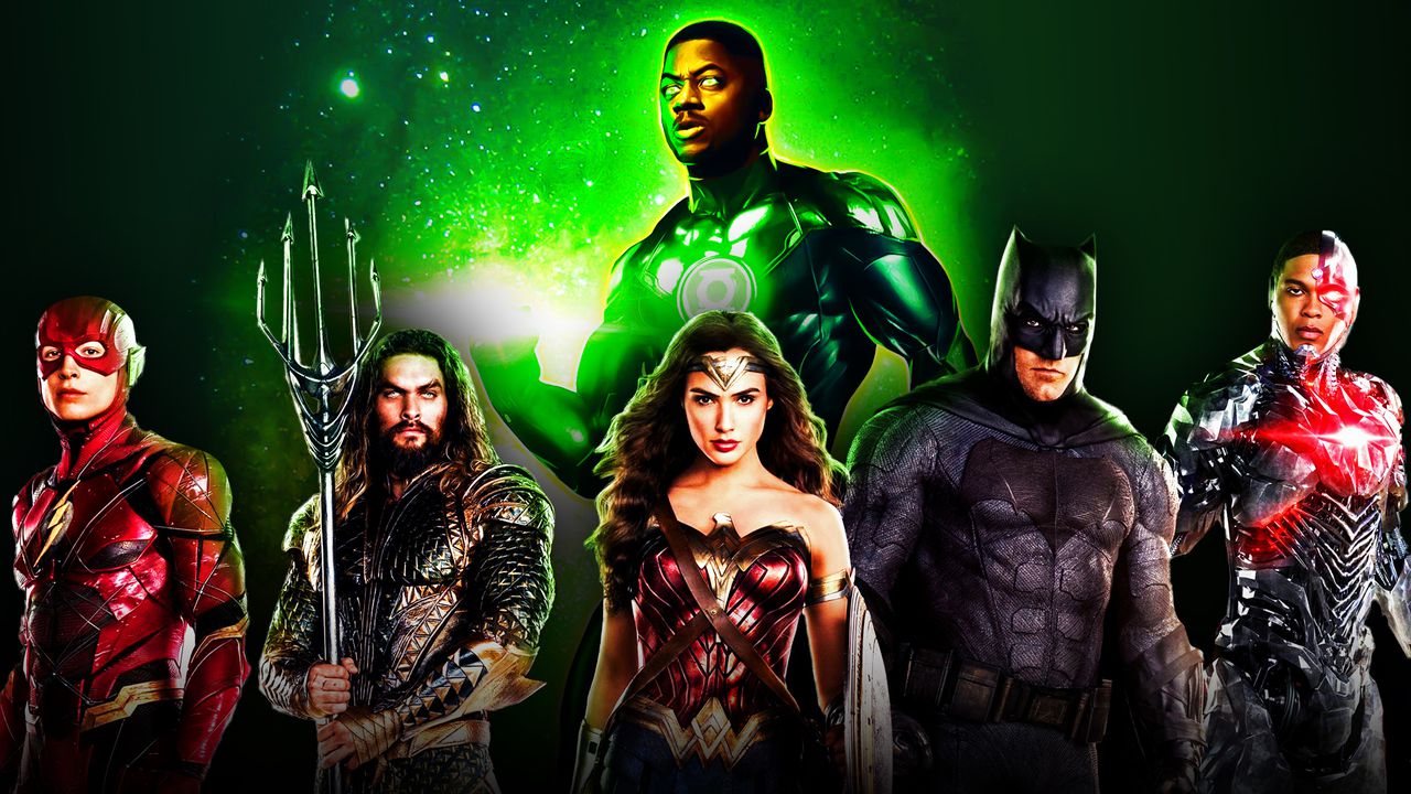 Wayne T. Carr as Green Lantern behind The Flash, Aquaman, Wonder Woman, Batman and Cyborg