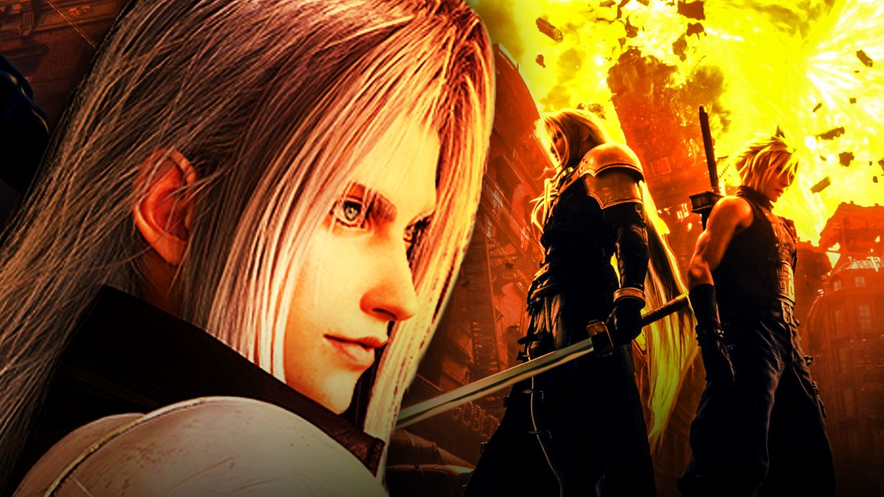 Sephiroth and Cloud Strife from Final Fantasy VII stand back to back among flames