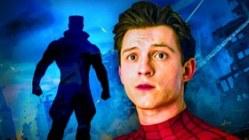 Tom Holland as Peter Parker aka Spider-Man, silhouette of Marvel villain Tombstone