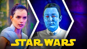 Disney Star Wars characters Rey Skywalker, Grand Admiral Thrawn, Star Wars logo