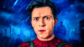 Tom Holland as Spider-Man in the MCU, rainy background.