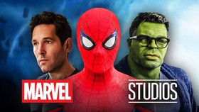 Ant-Man, Spider-Man, and Smart Hulk behind the Marvel Studios logo.