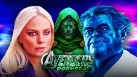 Charlize Theron as Clea, Beast, Doctor Doom, and Avengers Doomsday logo.