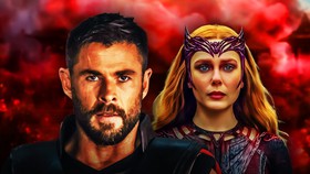 Thor and Scarlet Witch in front of a red background.