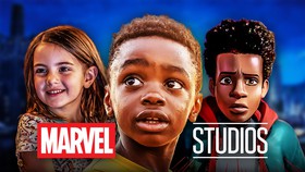 T’Challa Jr., Morgan Stark, and Miles Morales behind the Marvel Studios logo.