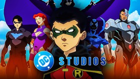 The Teen Titans behind the DC Studios logo.
