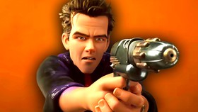 Ray Gunn holding a gun against orange background.