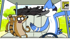 Mordecai and Rigby in Regular Show: The Lost Tapes, San Diego Comic-Con logo in top right corner.