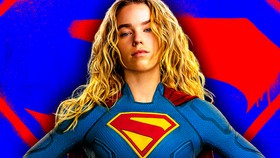 Milly Alcock's Supergirl in front of Supergirl logo.