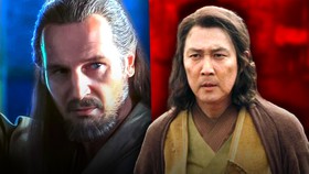 Liam Neeson as Qui Gon Jin next to Lee Jung-jae as Master Sol