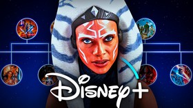 Ahsoka live-action Rosario Dawson, Disney Plus logo, Star Wars timeline