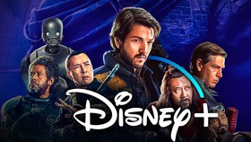 Andor cast; Disney+ logo.