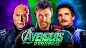 Professor X, Thor, Reed Richards, Avengers Doomsday logo