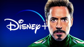 Disney Plus logo, Robert Downey Jr's face in the MCU