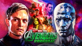 Silver Surfer, Bullseye, and MCU characters in front of the Avengers: Doomsday logo.