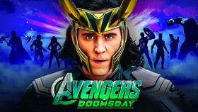 Avengers Doomsday logo, Loki, MCU heroes in background