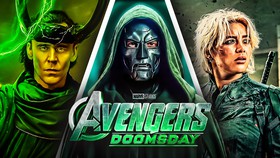 Doctor Doom standing between Yelena Belova and Loki behind the Avengers: Doomsday logo.