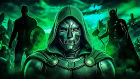 Doctor Doom glowing green backed by Avengers.