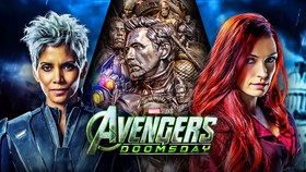 Storm and Jean Grey from the Fox continuity alongside Avengers: Doomsday logo.