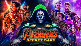 Avengers: Secret Wars logo, Doctor Doom, Avengers heroes in background