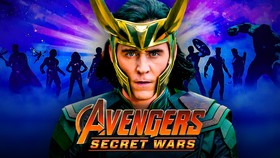 Avengers Secret Wars logo, Loki, MCU heroes silhouettes in background