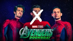 Spider-Men Tobey, Andrew, Tom with Avengers Doomsday logo