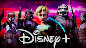 Star Wars' the Bad Batch with Omega; Disney+ logo