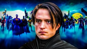 The Batman Robert Pattinson in front of DC characters