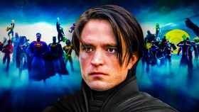 Robert Pattinson as Batman in front of DC superheroes
