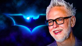 Batman symbol, DC Studios president James Gunn face smiling