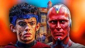 Joe Locke as Billy Maximoff and Paul Bettany as Vision in front of house and orange background.