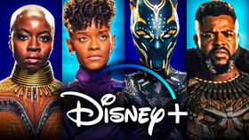 Shuri, Okoye, M'Baku, and Shuri as the Black Panther; Disney+ logo.