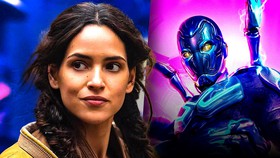 Adria Arjona next to Blue Beetle.