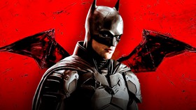 Robert Pattinson's Batman with red batman logo background.
