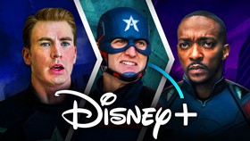 Captain America actors Chris Evans, Wyatt Russell, Anthony Mackie, Disney Plus logo