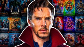 Benedict Cumberbatch as Doctor Strange in front of Marvel movie posters
