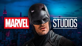Daredevil in Black costume helmet, Marvel Studios logo