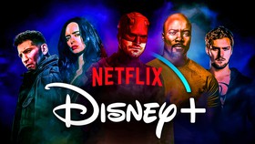 Daredevil with Marvel's Defenders, Netflix and Disney Plus logos