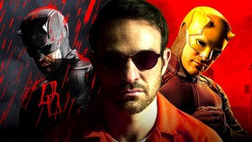 Matt Murdock in front of two different Daredevil costumes.