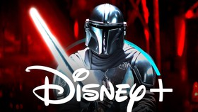 Din Djarin with the Darksaber, Disney+ logo