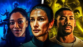 Aaron Pierre, Indira Varma, and Naomi Ackie in front of Star Wars posters.