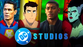 DC Studios logo and TV characters, Peacemaker, Superman, John Stewart, The Bride.