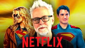 Milly Alcock as Supergirl, James Gunn, David Corenswet as Superman, Netflix logo.