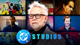Image of James Gunn alongside thumbnails of Lanterns, The Penguin and other DC shows.