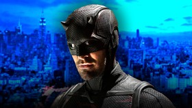 Charlie Cox Daredevil in black suit in front of blue New York background.