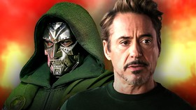 Robert Downey Jr.'s Tony Stark in front of Doctor Doom and a fiery background.
