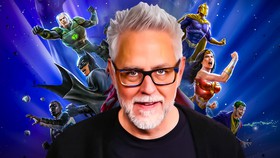 James Gunn in front of DC superheroes