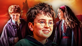 Harry, Ron, and Hermione in front of Hogwarts.