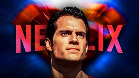 Henry Cavill Superman in front of Netflix logo.